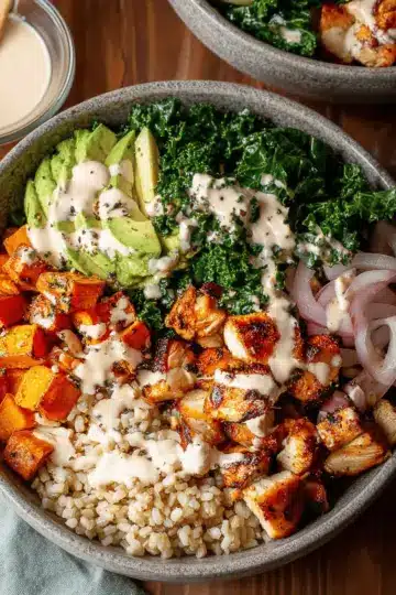 Roasted Sweet Potato, Chicken, Kale, and Rice Bowls for Two