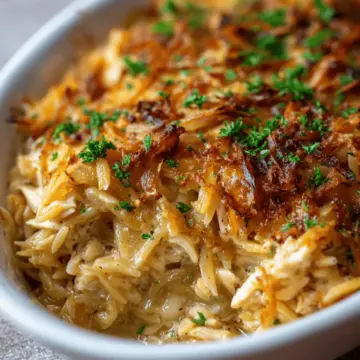 French Onion Chicken Orzo Casserole