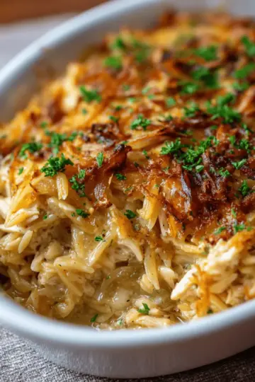 French Onion Chicken Orzo Casserole