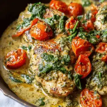 Creamy Pesto Chicken with Roasted Tomatoes & Spinach