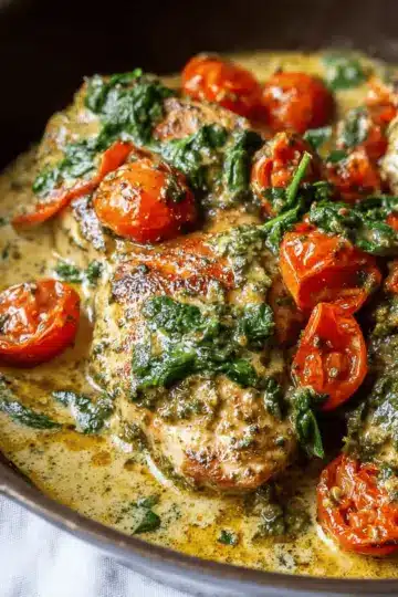 Creamy Pesto Chicken with Roasted Tomatoes & Spinach