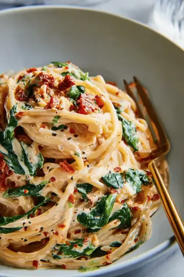 Spaghetti & Spinach with Sun-Dried Tomato Cream Sauce