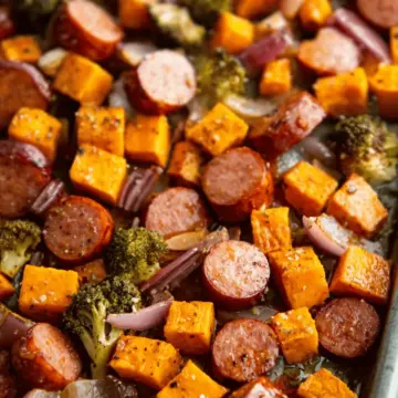 Sheet Pan Sausage and Sweet Potatoes with Honey Garlic Sauce
