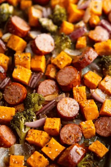 Sheet Pan Sausage and Sweet Potatoes with Honey Garlic Sauce
