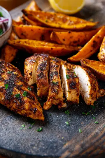 Cajun chicken with sweet potato wedges