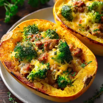 Stuffed Spaghetti Squash with Broccoli, Sausage, and Cheddar Cheese