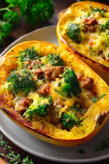 Stuffed Spaghetti Squash with Broccoli, Sausage, and Cheddar Cheese