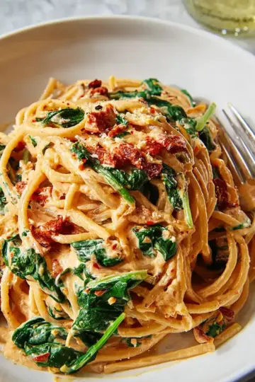 Spaghetti & Spinach with Sun-Dried Tomato Cream Sauce