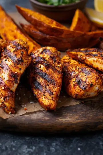 Cajun chicken with sweet potato wedges
