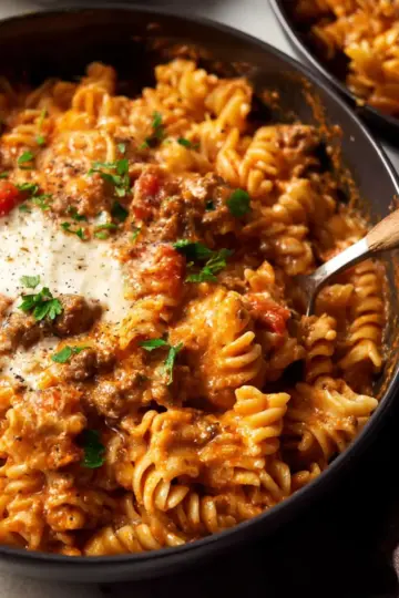 One pot creamy tomato beef pasta
