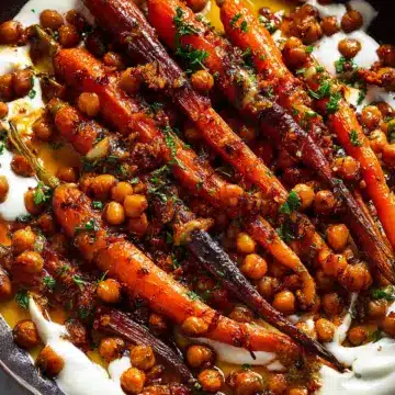 Spicy maple roast carrots with crispy chickpeas and yogurt sauce