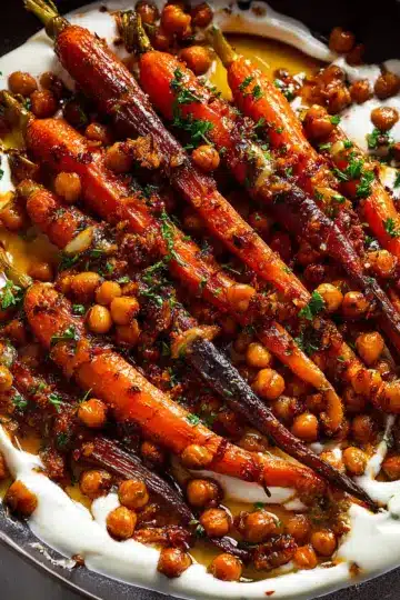 Spicy maple roast carrots with crispy chickpeas and yogurt sauce
