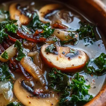 Wild Mushroom, Caramelized Onion and Kale Soup