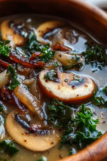 Wild Mushroom, Caramelized Onion and Kale Soup