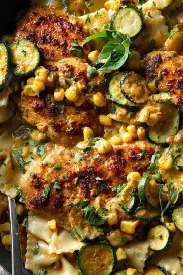 Garlic Butter Chicken with Zucchini, Corn, and Ravioli (30-Minute Recipe)