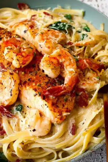 Creamy Tuscan Salmon Shrimp Pasta