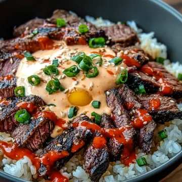 Korean BBQ Steak Rice Bowls with Spicy Cream Sauce