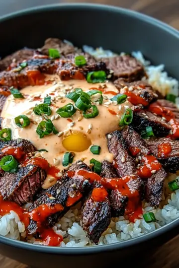 Korean BBQ Steak Rice Bowls with Spicy Cream Sauce