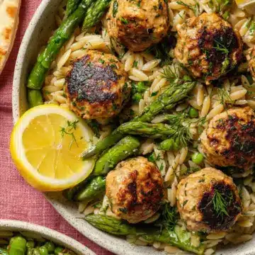 Lemon Herb Chicken Meatballs with Orzo & Asparagus