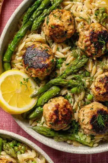 Lemon Herb Chicken Meatballs with Orzo & Asparagus