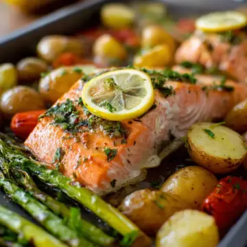Lemon Butter Salmon With Potatoes And Asparagus (Sheet Pan Dinner)
