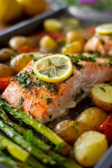 Lemon Butter Salmon With Potatoes And Asparagus (Sheet Pan Dinner)