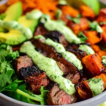 Steak and Sweet Potato Bowls with Avocado-Cilantro Drizzle