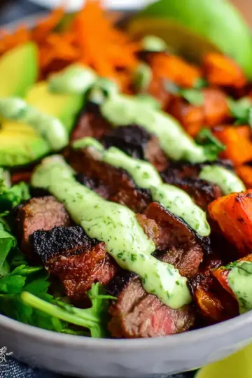 Steak and Sweet Potato Bowls with Avocado-Cilantro Drizzle