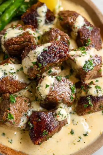 Garlic Butter Steak Bites with Parmesan Cream Sauce