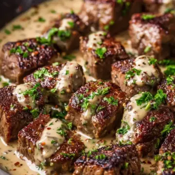 Steak Bites with Creamy Peppercorn Sauce