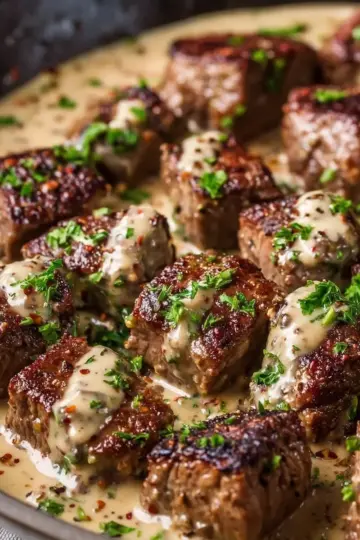 Steak Bites with Creamy Peppercorn Sauce