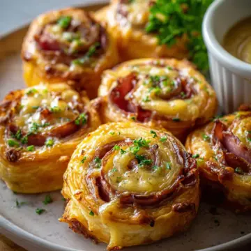 Beef Ham and Cheese Puff Pastry Pinwheels with Honey Mustard