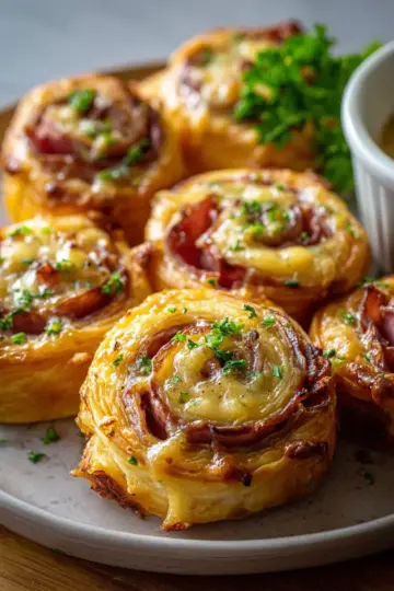 Beef Ham and Cheese Puff Pastry Pinwheels with Honey Mustard